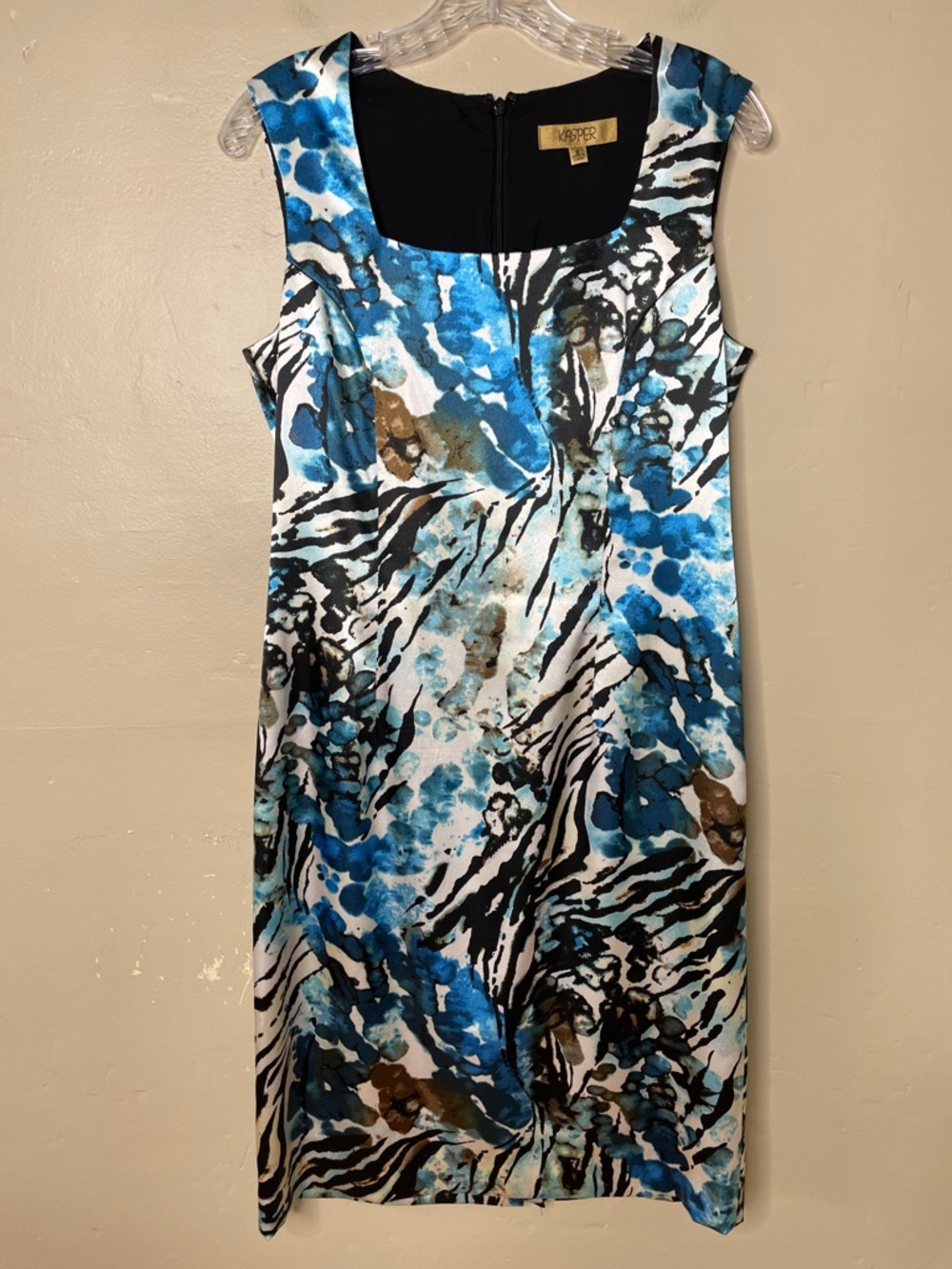 KASPER Blue & Black Sultry Watercolor Print Square Neck Sheath Dress 8